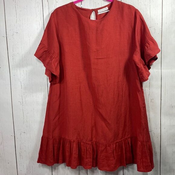 Urban Outfitters Red Linen Blend Ruffle Hem Mini Dress Size L Boho Romantic Chic - Picture 2 of 14